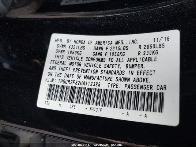 Honda Accord Ex-l 2017 1HGCR2F82HA112396 Image 9