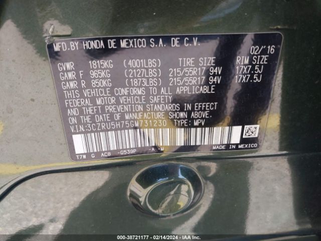 3CZRU5H75GM731230 Honda Hr-v Ex-l