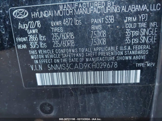 5NMS3CAD9KH029678 Hyundai Santa Fe Sel Plus