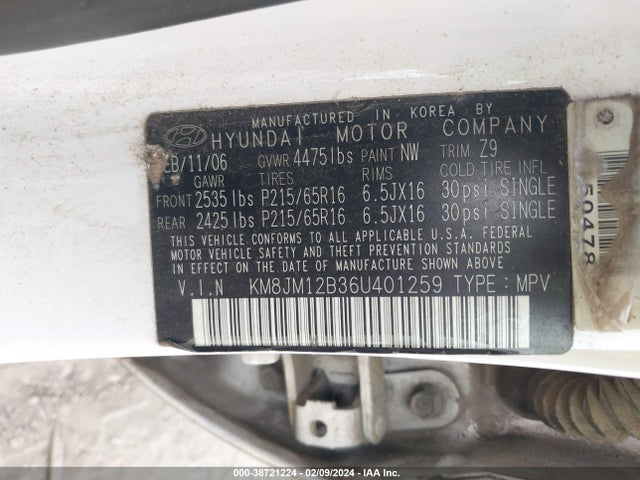 2006 HYUNDAI TUCSON GL VIN: KM8JM12B36U401259