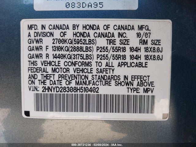 38721236 :رقم المزاد ، 2HNYD28308H510402 vin ، 2008 Acura Mdx Technology Package مزاد بيع