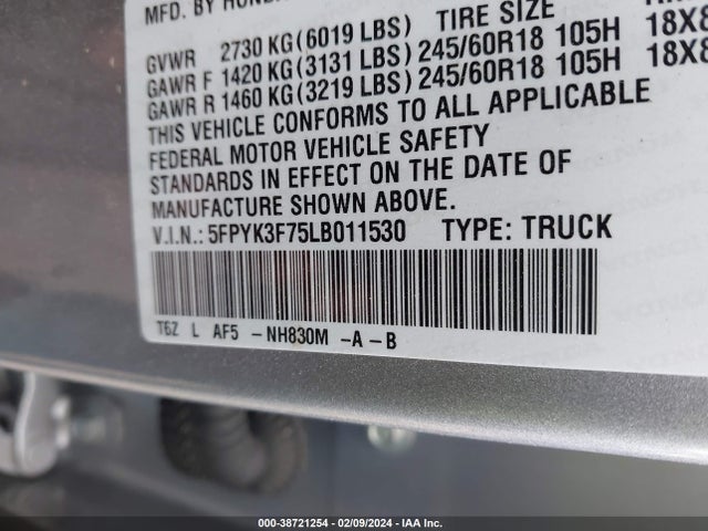 Honda Ridgeline Rtl-e 2020 5FPYK3F75LB011530 Image 9