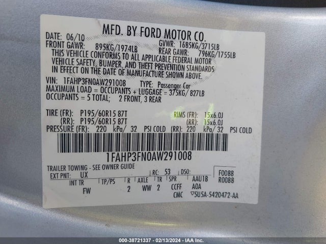2010 FORD FOCUS SE VIN: 1FAHP3FN0AW291008