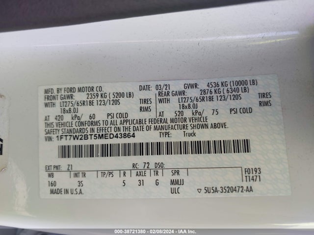 Ford F-250 Xlt 2021 1FT7W2BT5MED43864 Image 9