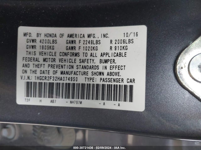 Honda ACCORD LX 2017 1HGCR2F32HA074950 Image 9