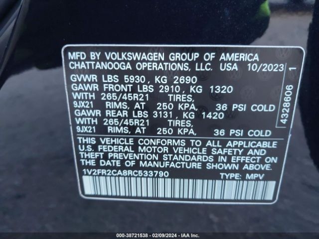 1V2FR2CA8RC533790 Volkswagen Atlas 2.0t Sel Premium R-line