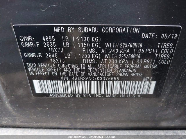 Subaru Outback 2.5i Limited 2019 4S4BSANC7K3376655 Image 9