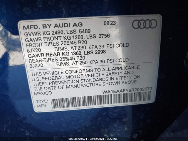 WA1EAAFY8R2003570 Audi Q5 Premium Plus 45 Tfsi S Line Quattro