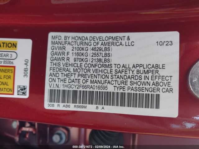 1HGCY2F66RA016595 Honda Accord Hybrid Ex-l