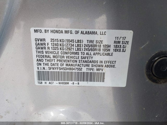 Honda Pilot Ex-l 2017 5FNYF5H53HB047552 Image 9