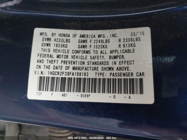 Honda ACCORD LX 2015 1HGCR2F39FA198193 Image 9