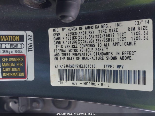 Honda CR-V EX 2014 5J6RM3H53EL031515 Image 9