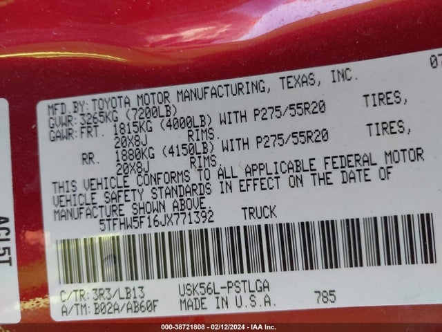 5TFHW5F16JX771392 Toyota Tundra Limited 5.7l V8