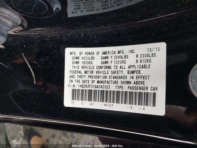 Honda ACCORD LX 2016 1HGCR2F31GA042053 Image 9