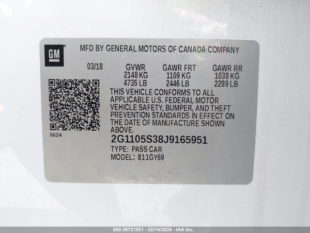 Chevrolet IMPALA 1LT 2018 2G1105S38J9165951 Image 9