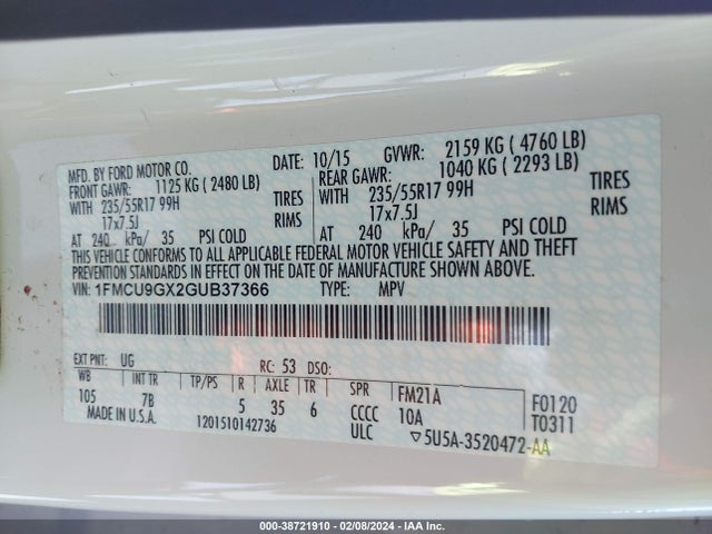 Ford ESCAPE SE 2016 1FMCU9GX2GUB37366 Image 9