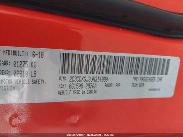 2C3CDXGJ3JH314980 Dodge Charger R/t Scat Pack Rwd