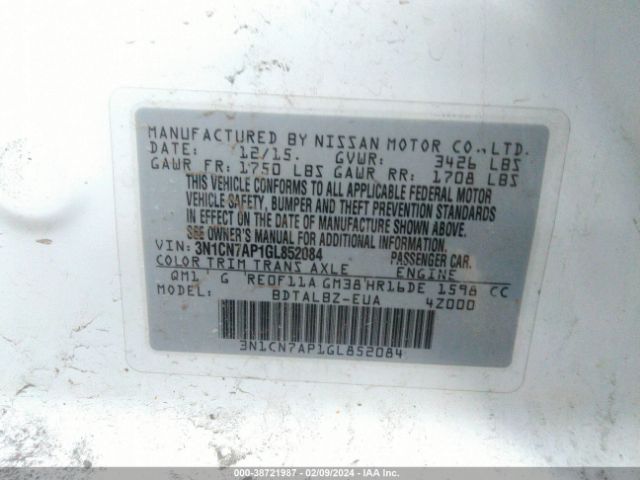 3N1CN7AP1GL852084 Nissan Versa 1.6 S/1.6 S+/1.6 Sl/1.6 Sv