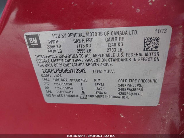 Chevrolet EQUINOX 1LT 2014 2GNFLFEK0E6172842 Image 9