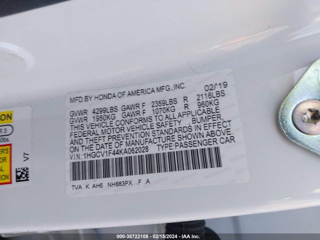 Honda ACCORD EX 2019 1HGCV1F44KA062028 Image 9