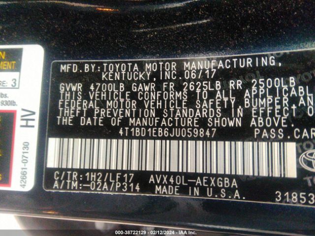4T1BD1EB6JU059847 Toyota Avalon Hybrid Xle