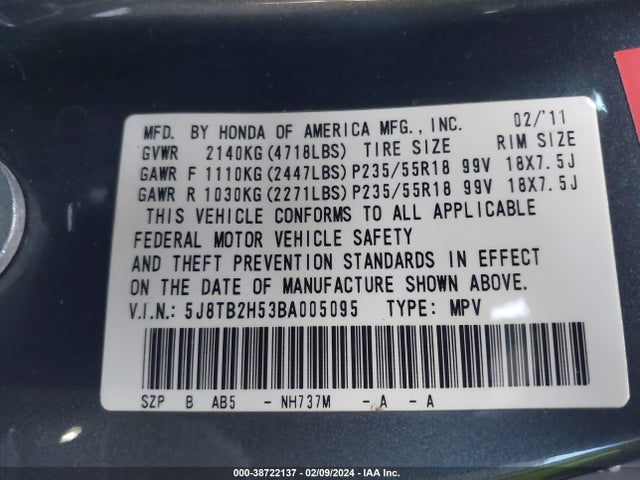 2011 ACURA RDX VIN: 5J8TB2H53BA005095