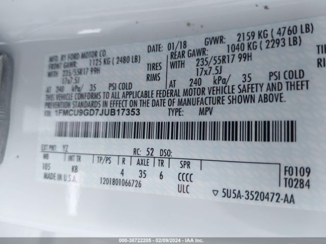1FMCU9GD7JUB17353 Ford ESCAPE SE