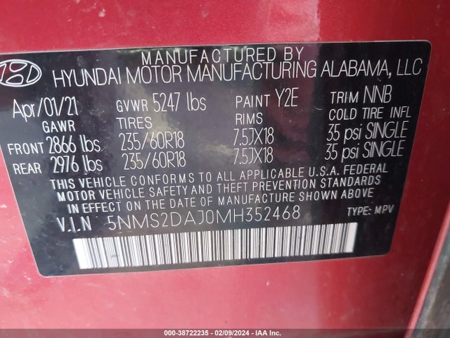 Hyundai Santa Fe Sel 2021 5NMS2DAJ0MH352468 Image 9