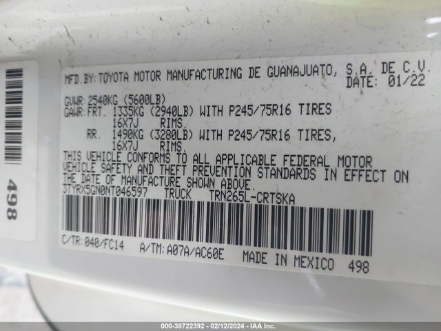 Toyota Tacoma Sr5 2022 3TYRX5GN0NT046597 Image 9