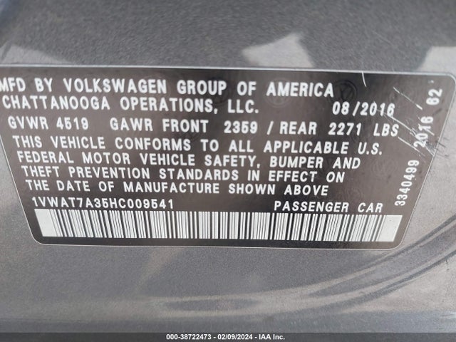 Volkswagen Passat 1.8t S 2017 1VWAT7A35HC009541 Image 9