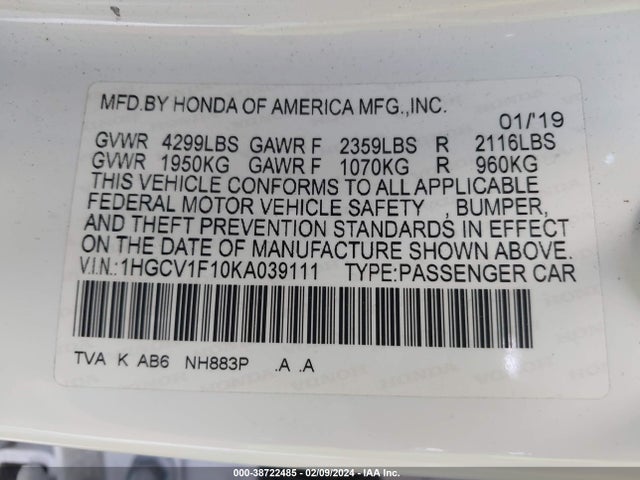 Honda ACCORD LX 2019 1HGCV1F10KA039111 Image 9