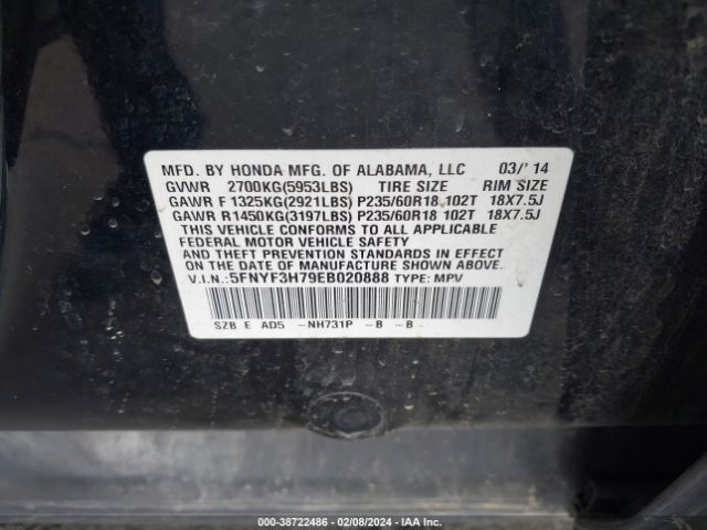 5FNYF3H79EB020888 Honda Pilot Ex-l