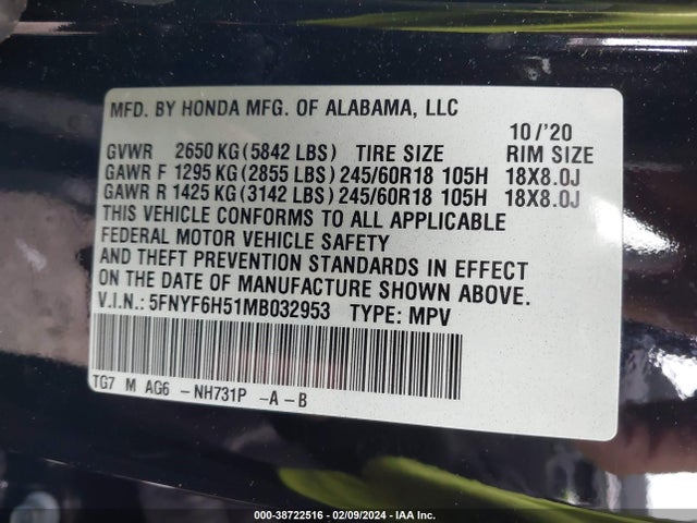 Honda Pilot Awd Ex-l 2021 5FNYF6H51MB032953 Image 9