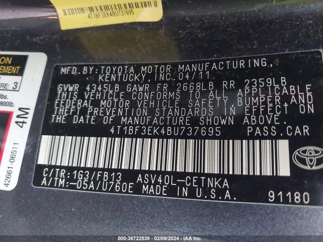 Aukcja sprzedaży 2011 Toyota Camry Le, vin: 4T1BF3EK4BU737695, numer aukcji: 38722539