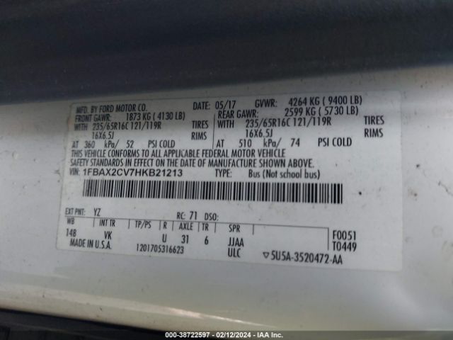 1FBAX2CV7HKB21213 Ford Transit-350 Xl