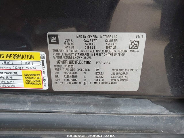 Chevrolet Traverse 2lt 2015 1GNKRHKD1FJ354102 Image 9