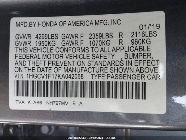Honda ACCORD LX 2019 1HGCV1F17KA042068 Image 9
