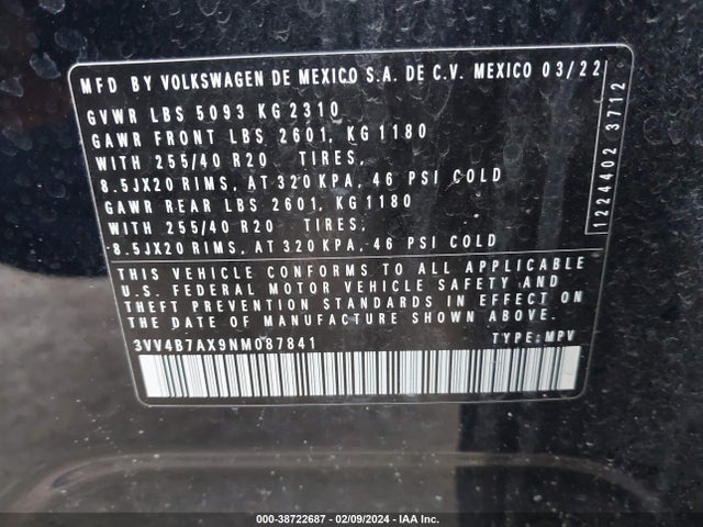3VV4B7AX9NM087841 Volkswagen Tiguan 2.0t Sel R-line