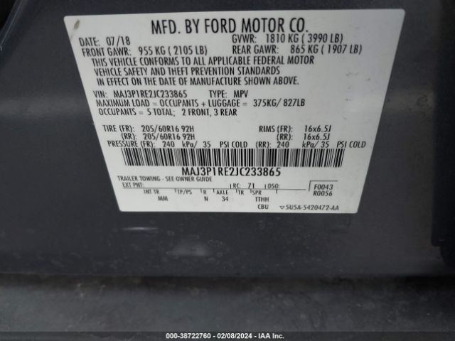 MAJ3P1RE2JC233865 Ford ECOSPORT S