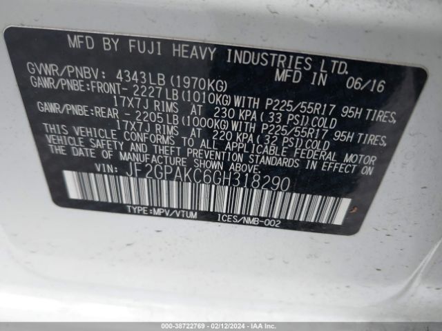 JF2GPAKC6GH318290 Subaru Crosstrek 2.0i Limited