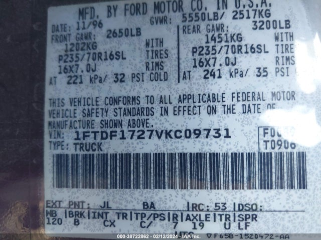 1997 FORD F-150 STANDARD/XL/XLT VIN: 1FTDF1727VKC09731