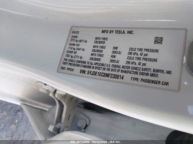 5YJ3E1EC8NF230014 Tesla Model 3 Performance Dual Motor All-wheel Drive