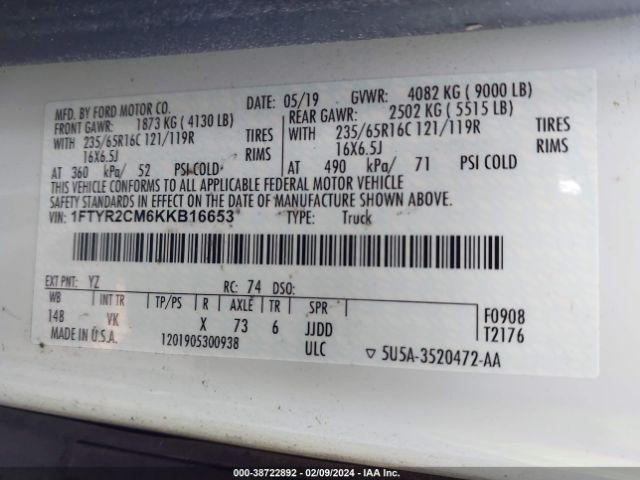 1FTYR2CM6KKB16653 Ford Transit-250