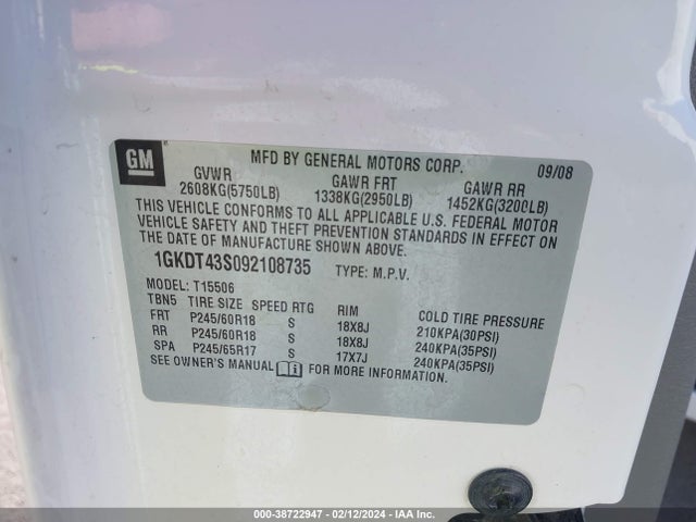 2009 GMC ENVOY SLT VIN: 1GKDT43S092108735