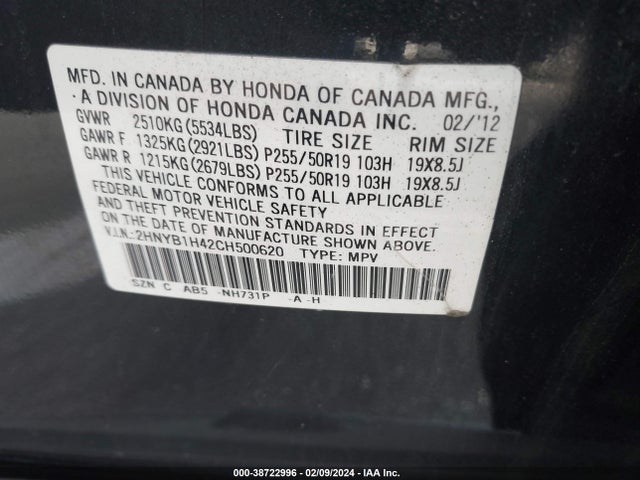 2012 Acura Zdx მანქანა იყიდება აუქციონზე, vin: 2HNYB1H42CH500620, აუქციონის ნომერი: 38722996