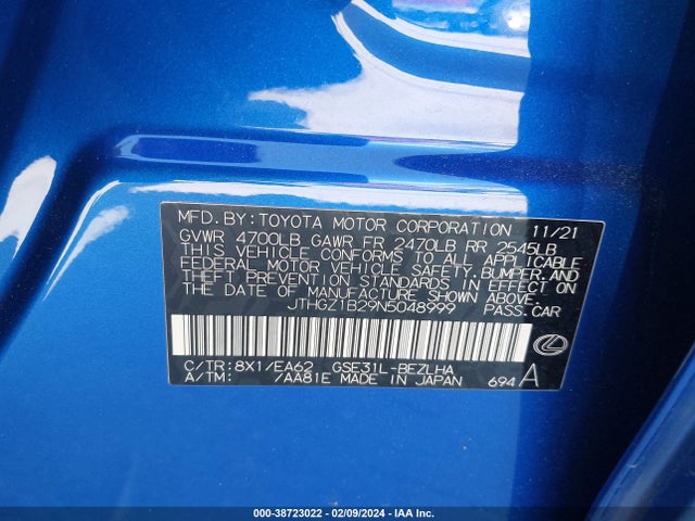 2022 Lexus Is 350 F Sport მანქანა იყიდება აუქციონზე, vin: JTHGZ1B29N5048999, აუქციონის ნომერი: 38723022