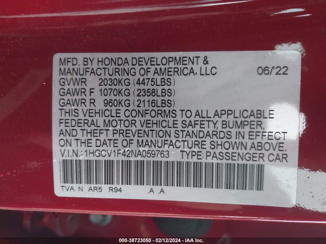 2022 HONDA ACCORD SPORT SPECIAL EDITION VIN: 1HGCV1F42NA059763