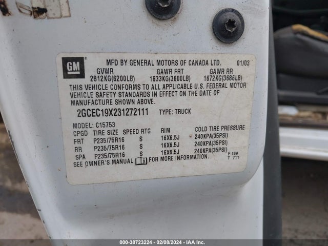 2003 CHEVROLET SILVERADO 1500 WORK TRUCK VIN: 2GCEC19X231272111