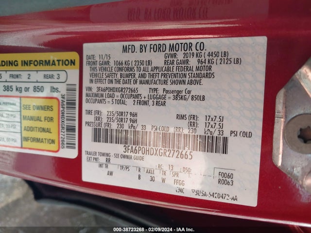 Ford FUSION SE 2016 3FA6P0HDXGR272665 Image 9