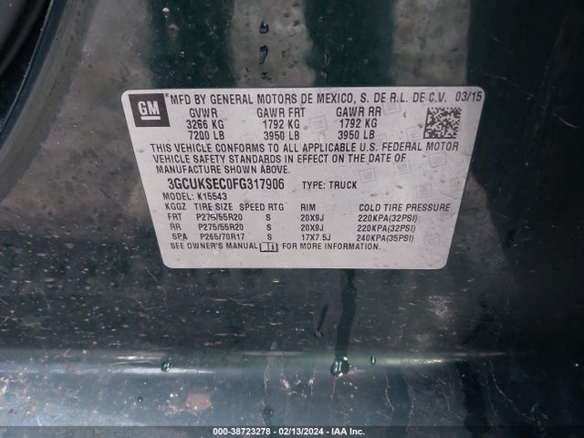 Chevrolet Silverado 1500 1lz 2015 3GCUKSEC0FG317906 Image 9